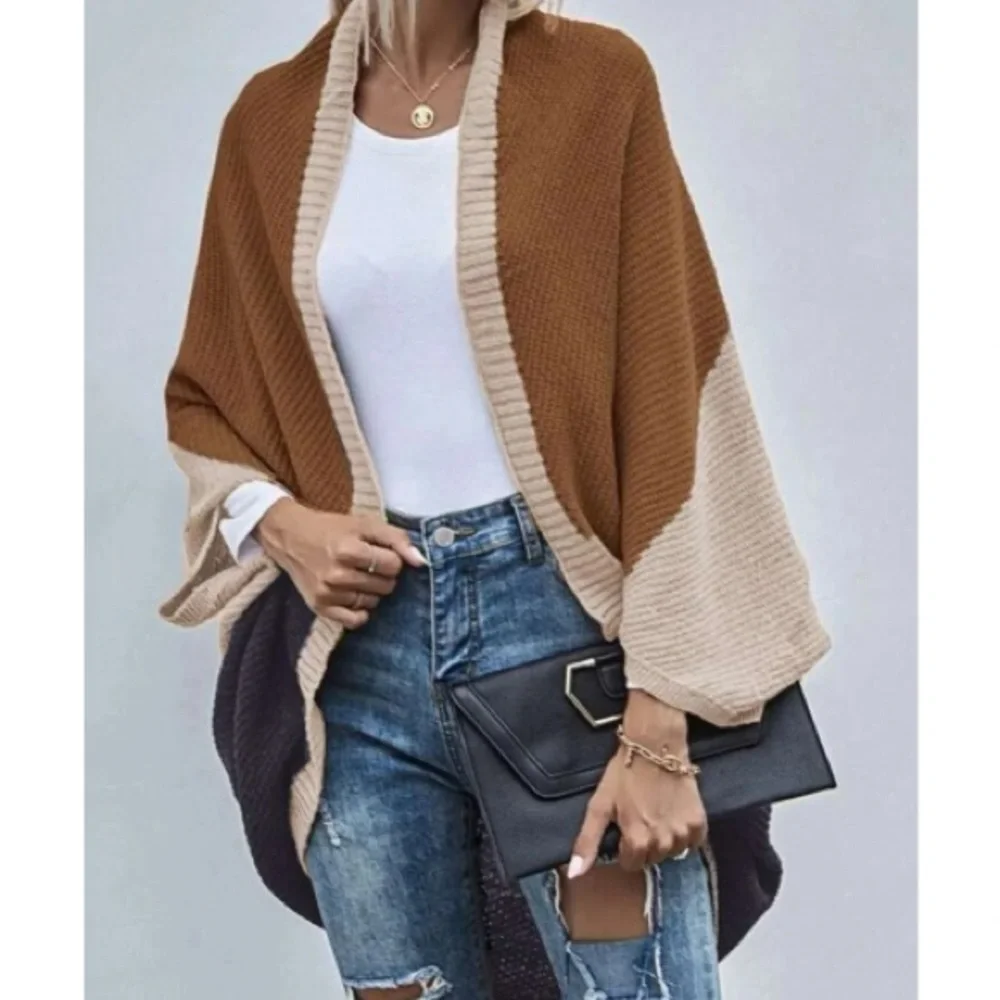 Cozy Color Block Batwing Oversized  Open Front Cardigan - Picture 2 of 6